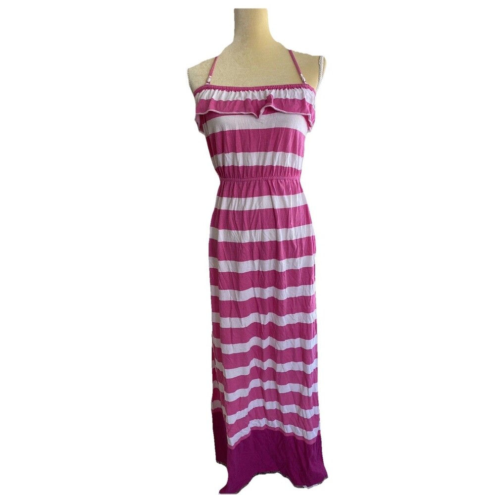 Aeropostale Pink White Stripe Maxi Dress Small Removable Halter Strap Ruffle Top